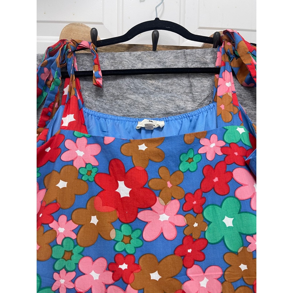 Entro Women Floral Tiered Mini Dress Blue Multicolor Tie Shoulder Cotton Large - Picture 4 of 8